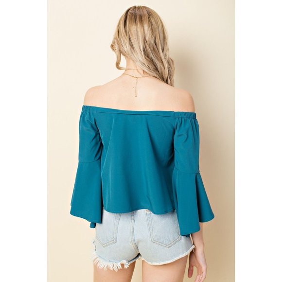 Women's Off Shoulder Buttoned Asymmetrical Bell Sleeve Top with Elastic Band - Picture 7 of 10